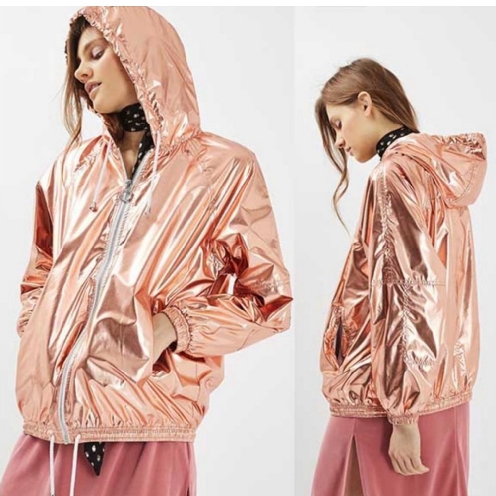 Rose Gold Metallic Topshop Windbreaker Jacket with hoodie